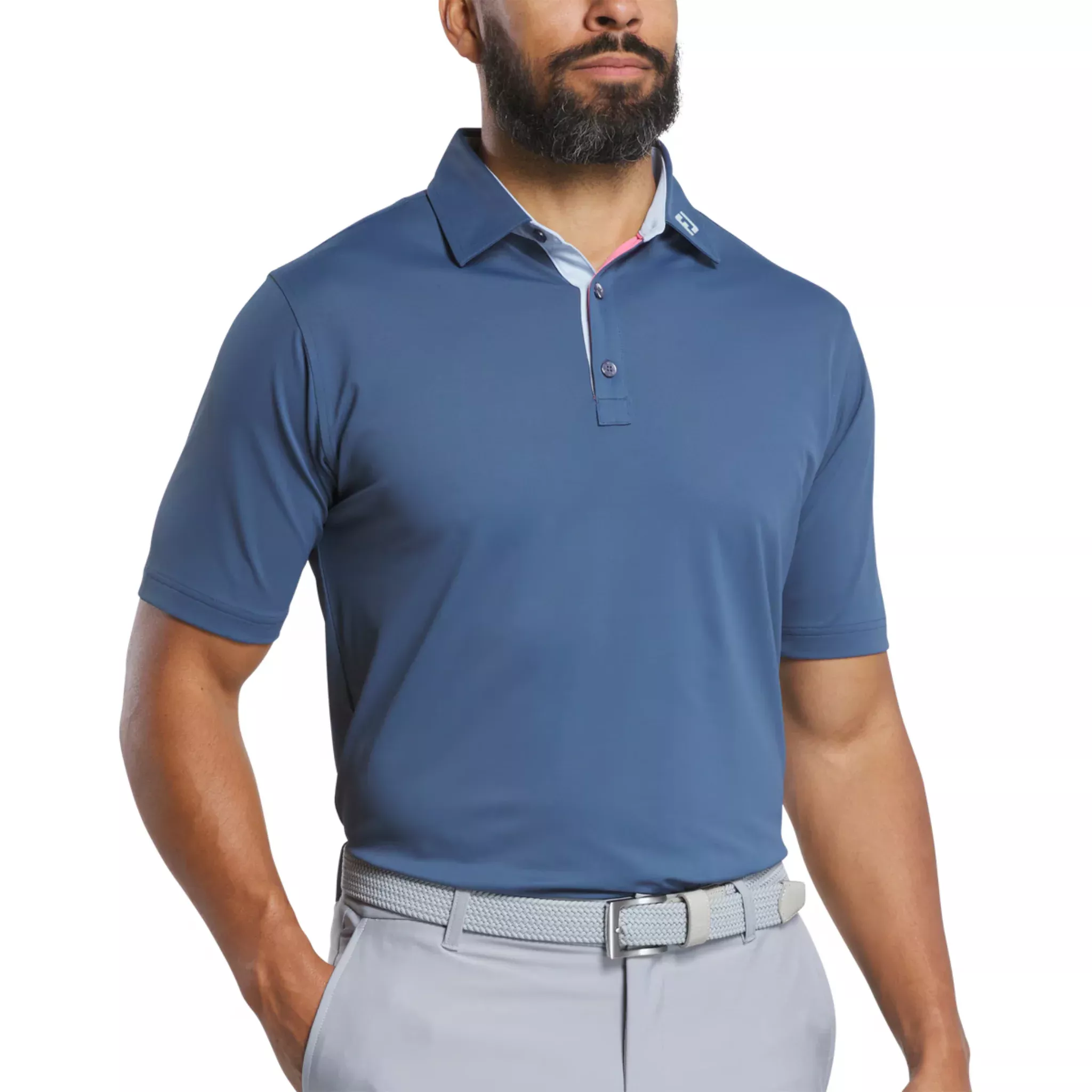 FootJoy Men's Solid Pique with Trim Polo | Dark Denim/Skyway